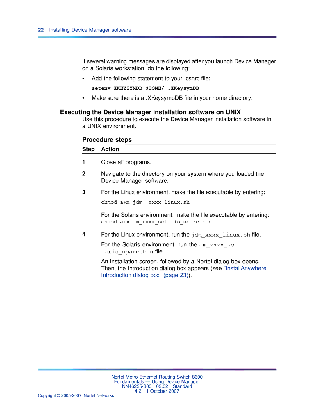 Nortel Networks NN46225-300 manual Executing the Device Manager installation software on Unix 