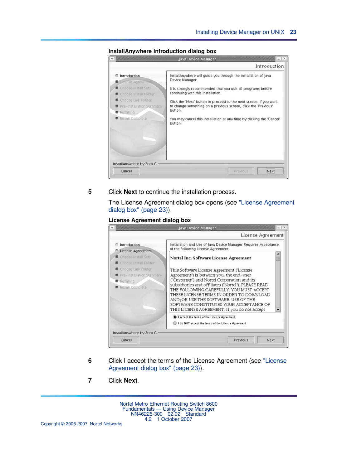 Nortel Networks NN46225-300 manual InstallAnywhere Introduction dialog box, License Agreement dialog box 