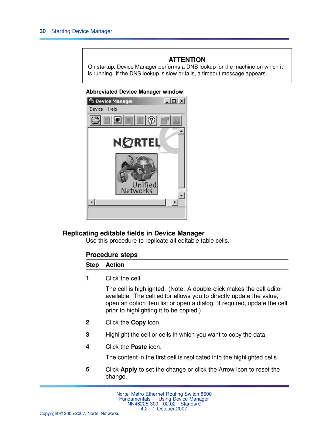 Nortel Networks NN46225-300 manual Replicating editable ﬁelds in Device Manager, Abbreviated Device Manager window 