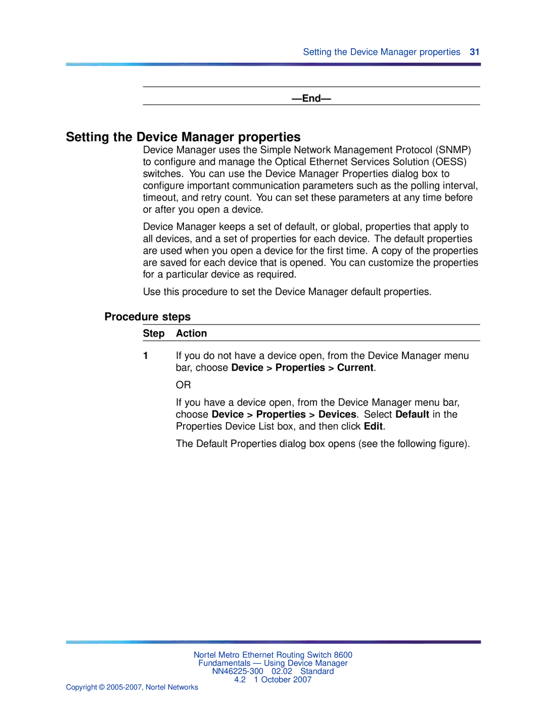 Nortel Networks NN46225-300 manual Setting the Device Manager properties 