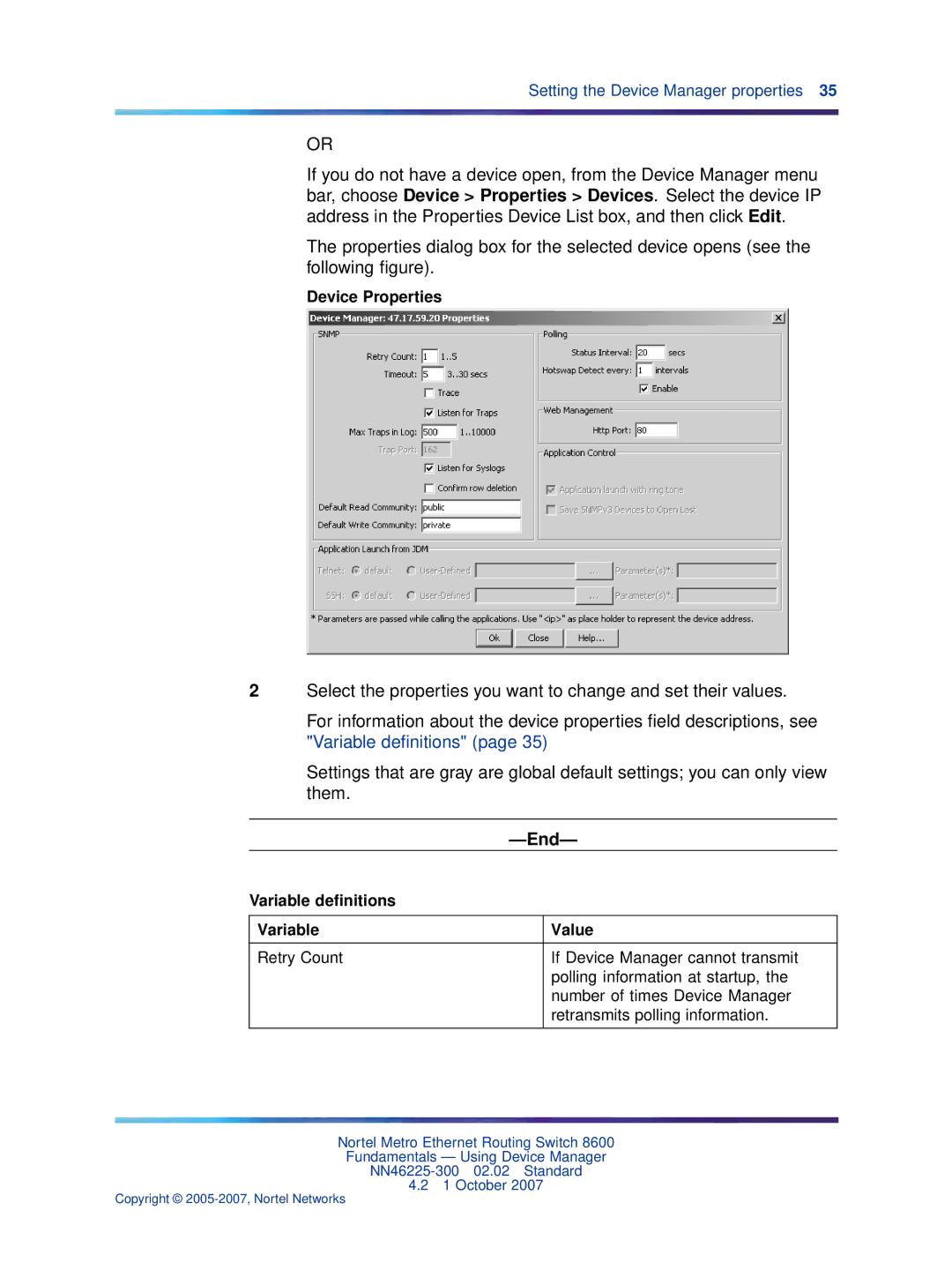 Nortel Networks NN46225-300 manual Device Properties, Variable deﬁnitions Value 