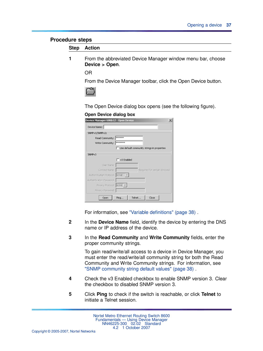 Nortel Networks NN46225-300 manual For information, see Variable deﬁnitions, Open Device dialog box 