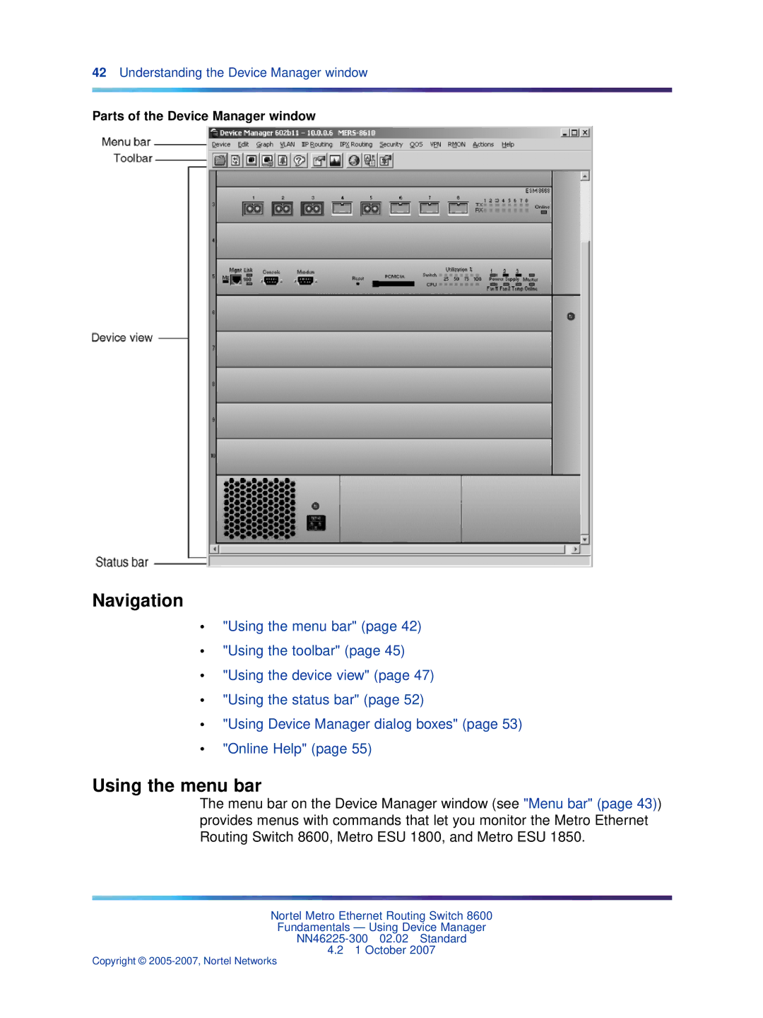 Nortel Networks NN46225-300 manual Using the menu bar, Parts of the Device Manager window 