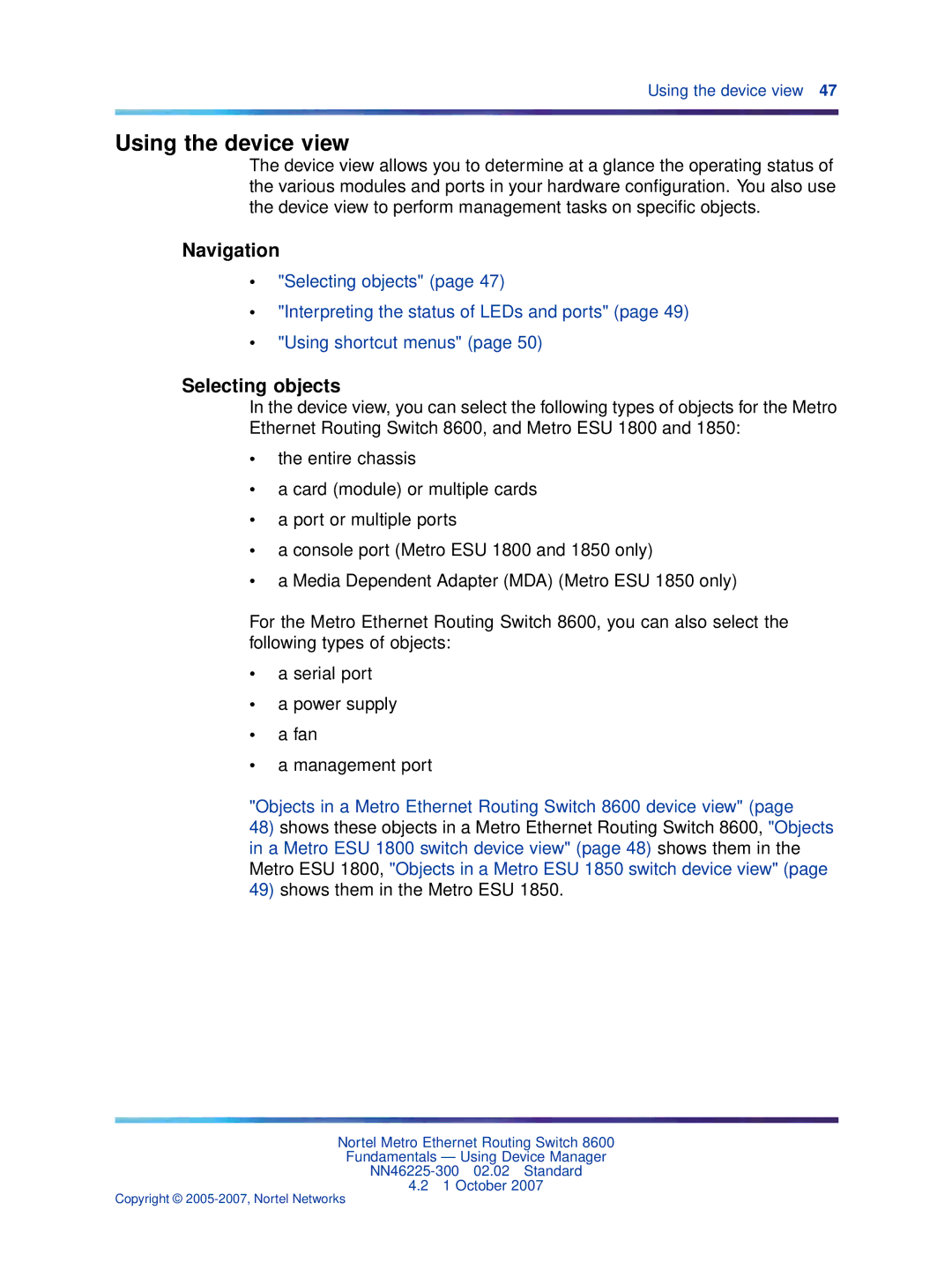 Nortel Networks NN46225-300 manual Using the device view, Selecting objects 