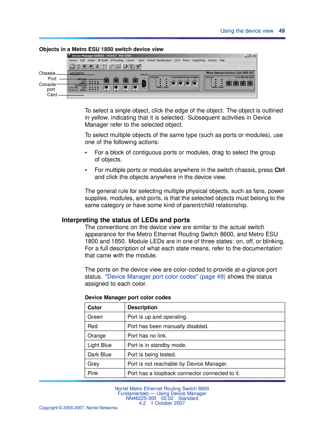 Nortel Networks NN46225-300 Interpreting the status of LEDs and ports, Objects in a Metro ESU 1850 switch device view 