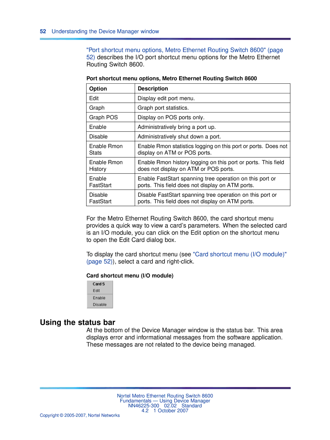 Nortel Networks NN46225-300 manual Using the status bar, Card shortcut menu I/O module 