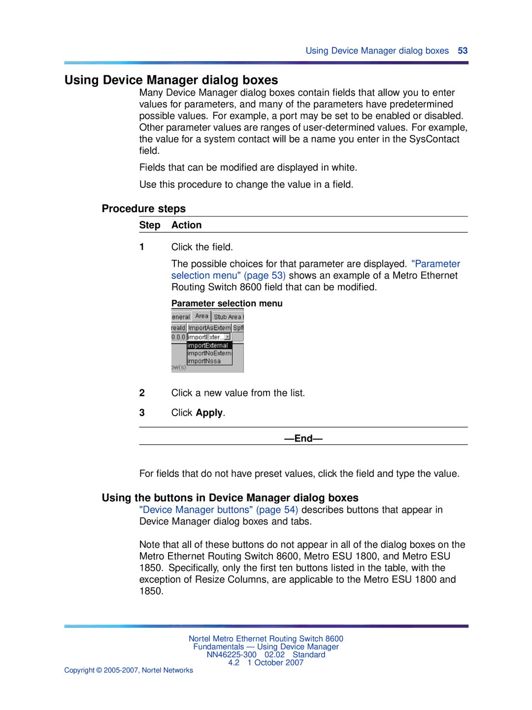 Nortel Networks NN46225-300 manual Using Device Manager dialog boxes, Using the buttons in Device Manager dialog boxes 