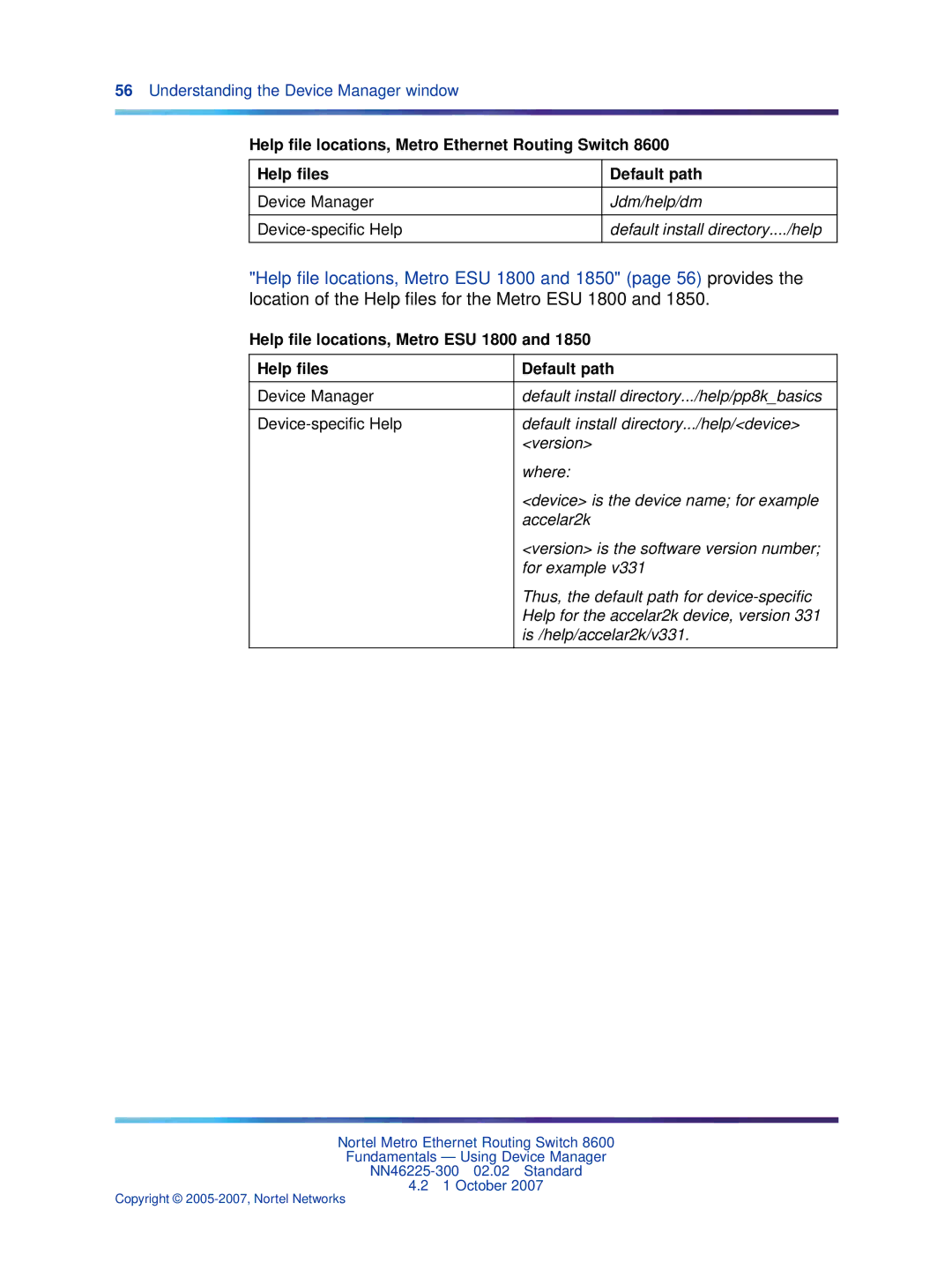 Nortel Networks NN46225-300 manual Help ﬁle locations, Metro ESU 1800 Help files Default path, Is /help/accelar2k/v331 