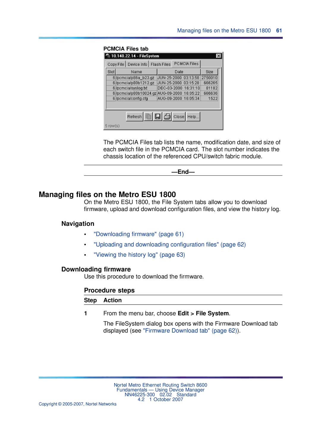 Nortel Networks NN46225-300 manual Managing ﬁles on the Metro ESU, Downloading ﬁrmware, Pcmcia Files tab 