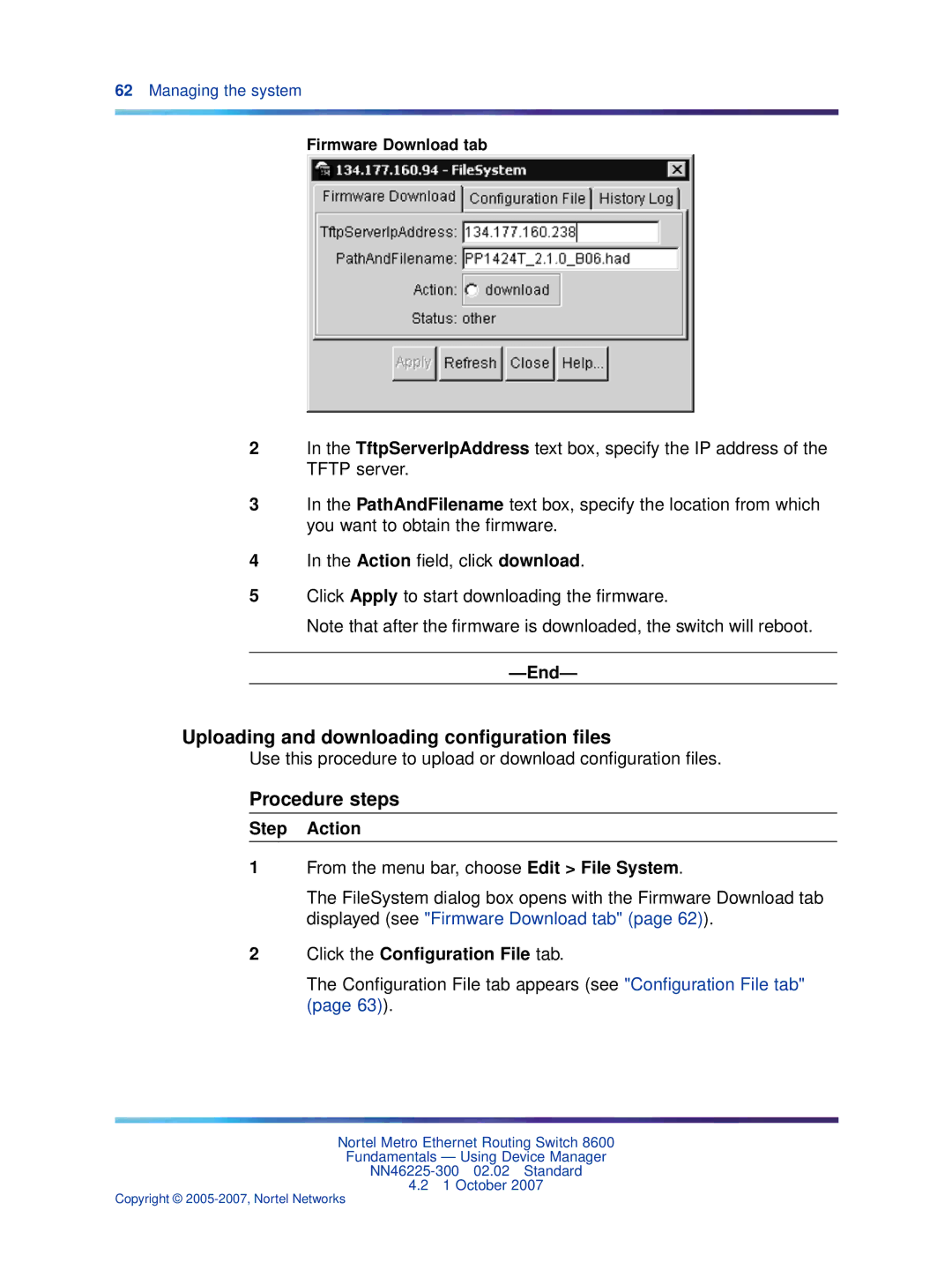 Nortel Networks NN46225-300 manual Uploading and downloading conﬁguration ﬁles, Firmware Download tab 