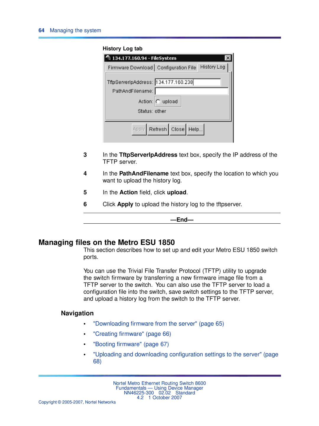 Nortel Networks NN46225-300 manual Managing ﬁles on the Metro ESU, History Log tab 