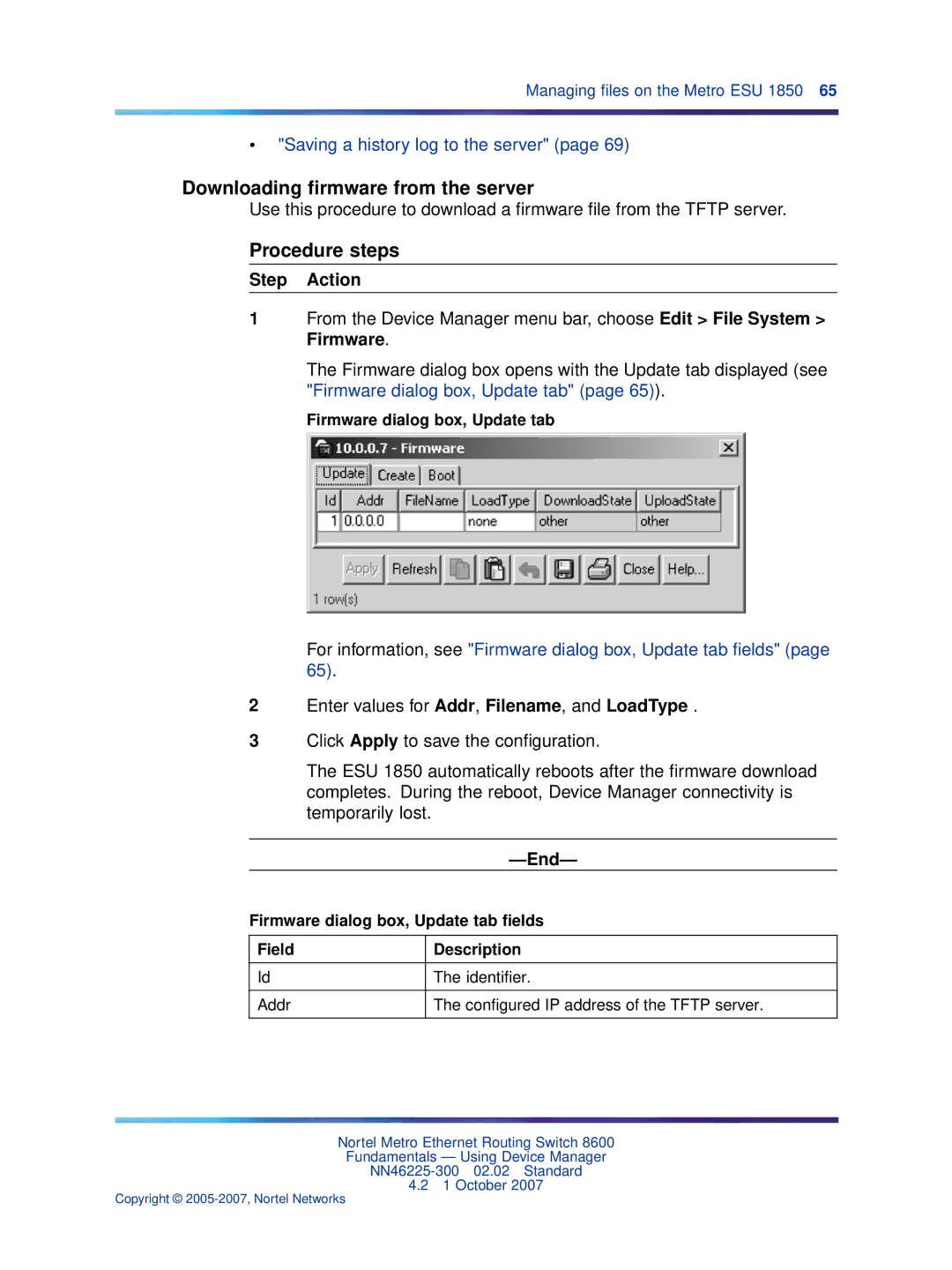 Nortel Networks NN46225-300 manual Downloading ﬁrmware from the server, Firmware dialog box, Update tab 