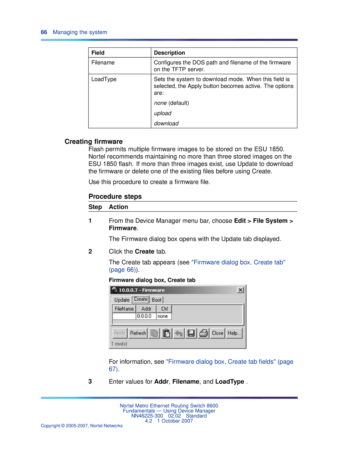 Nortel Networks NN46225-300 manual Creating ﬁrmware, Field Description, Firmware dialog box, Create tab 