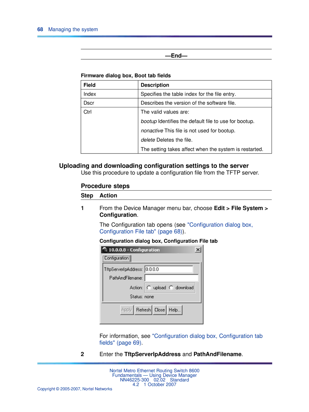 Nortel Networks NN46225-300 Firmware dialog box, Boot tab ﬁelds Field, Conﬁguration dialog box, Conﬁguration File tab 