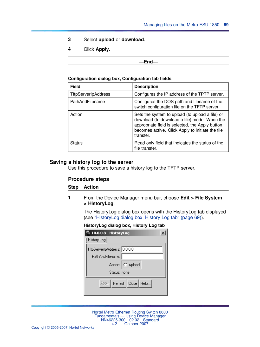 Nortel Networks NN46225-300 manual Saving a history log to the server, Conﬁguration dialog box, Conﬁguration tab ﬁelds 