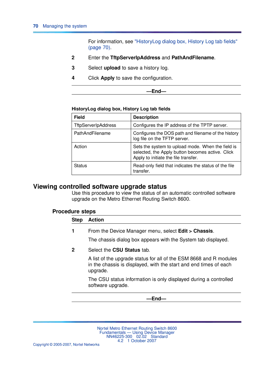 Nortel Networks NN46225-300 manual Viewing controlled software upgrade status, HistoryLog dialog box, History Log tab ﬁelds 