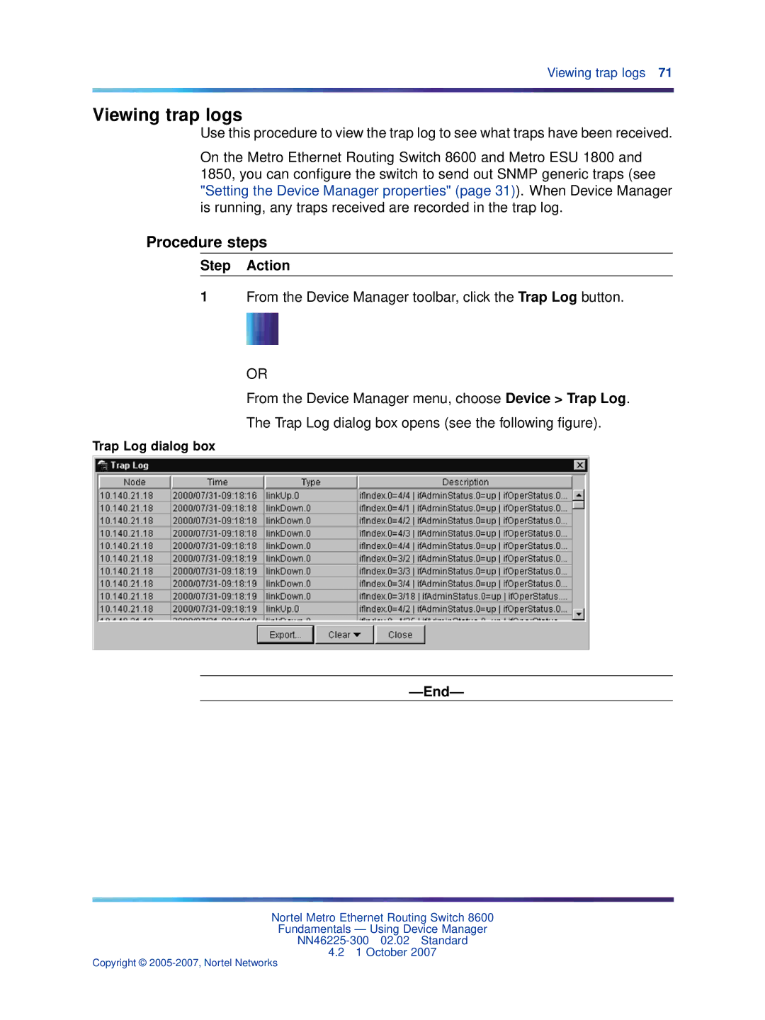 Nortel Networks NN46225-300 manual Viewing trap logs, Trap Log dialog box 