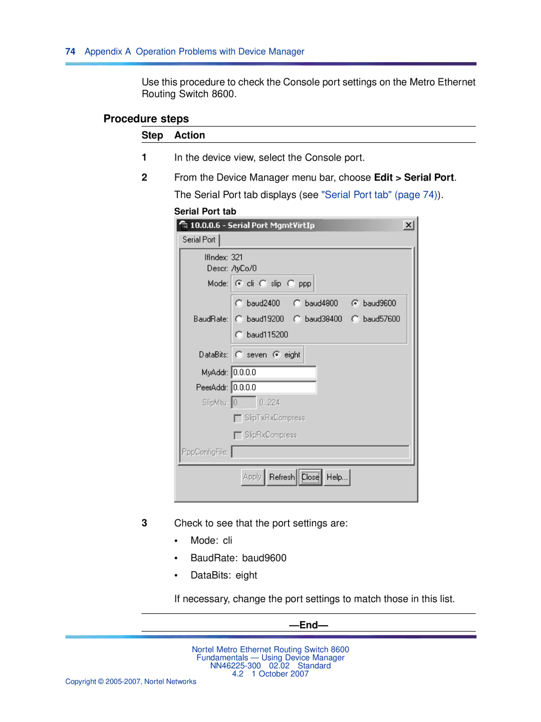 Nortel Networks NN46225-300 manual Procedure steps, Serial Port tab 