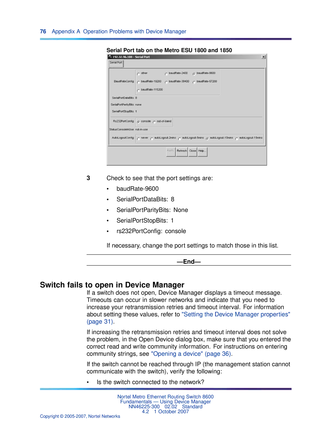 Nortel Networks NN46225-300 manual Switch fails to open in Device Manager, Serial Port tab on the Metro ESU 1800 