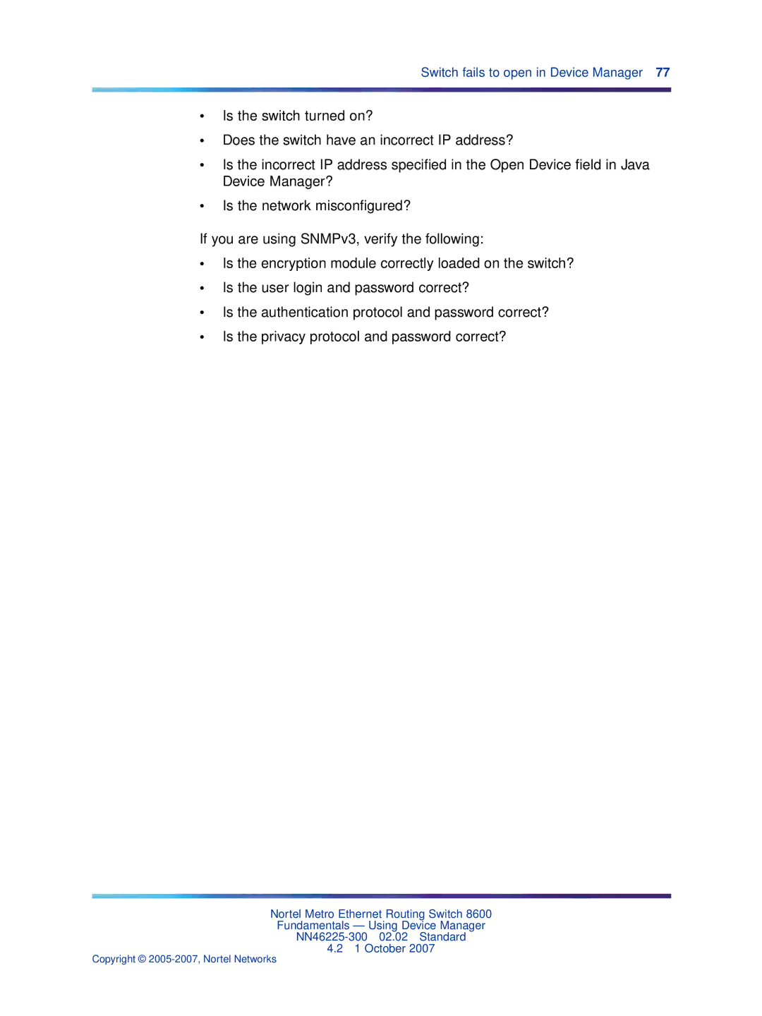 Nortel Networks NN46225-300 manual Switch fails to open in Device Manager 