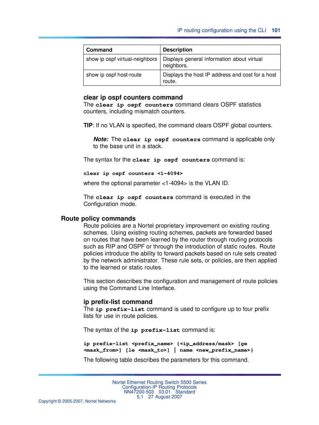 Nortel Networks NN47200-503 manual Clear ip ospf counters command, Route policy commands, Ip preﬁx-list command 