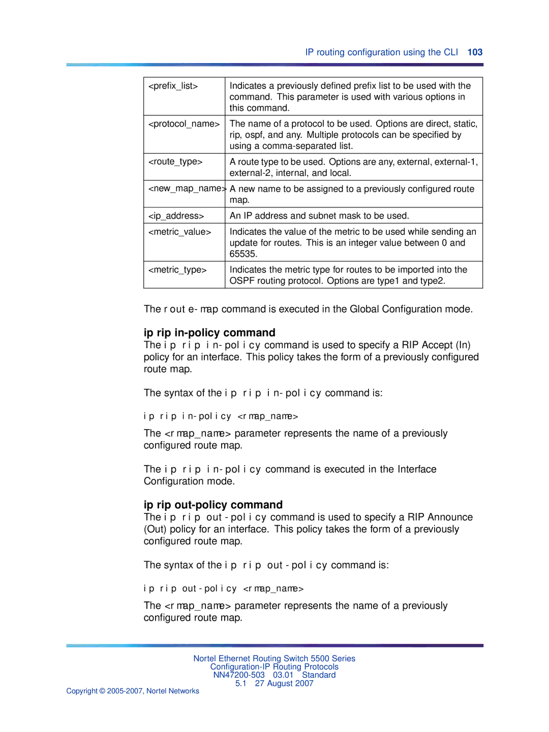 Nortel Networks NN47200-503 manual Ip rip in-policy rmapname, Ip rip out-policy rmapname 