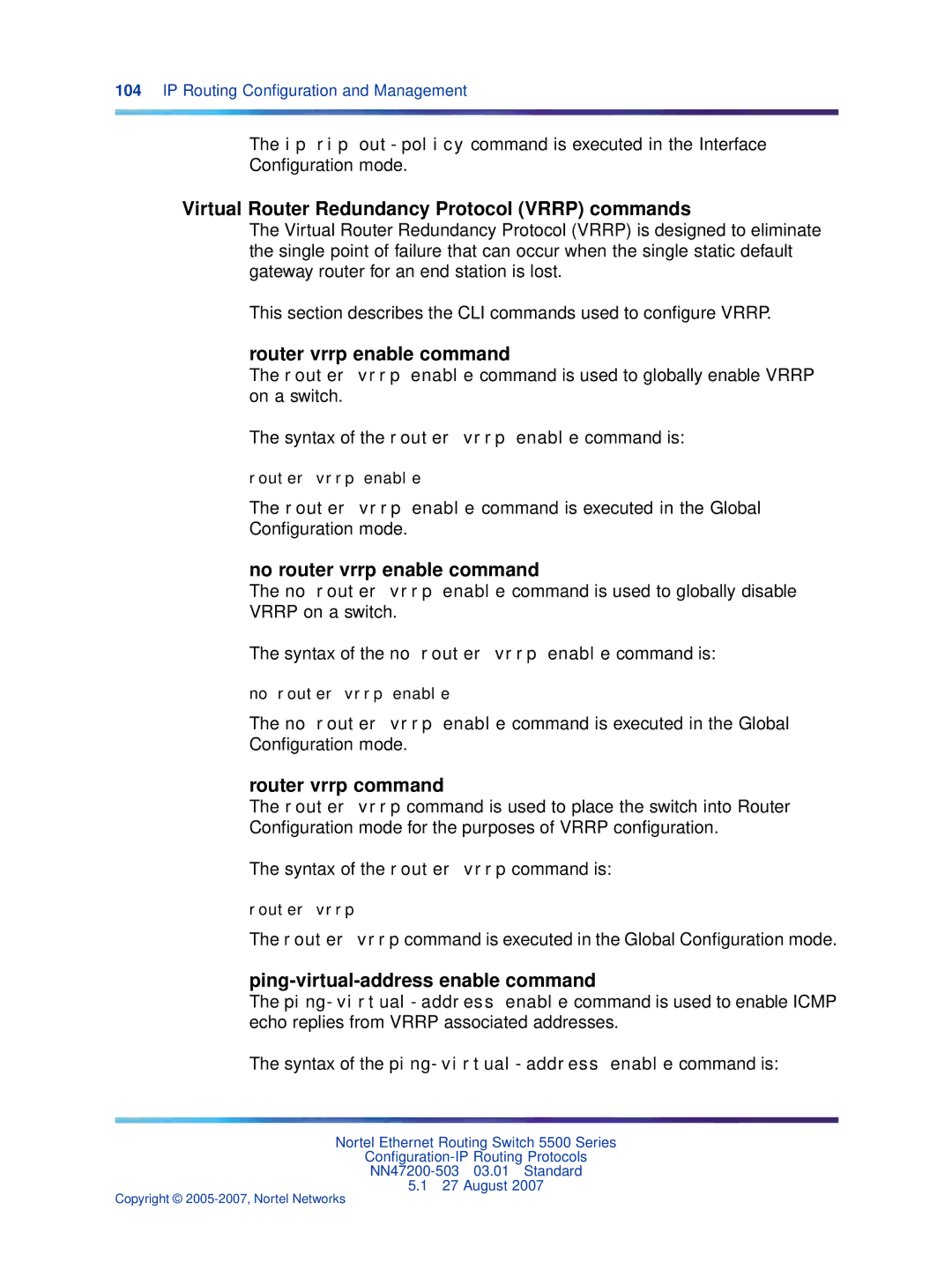 Nortel Networks NN47200-503 manual Virtual Router Redundancy Protocol Vrrp commands, Router vrrp enable command 