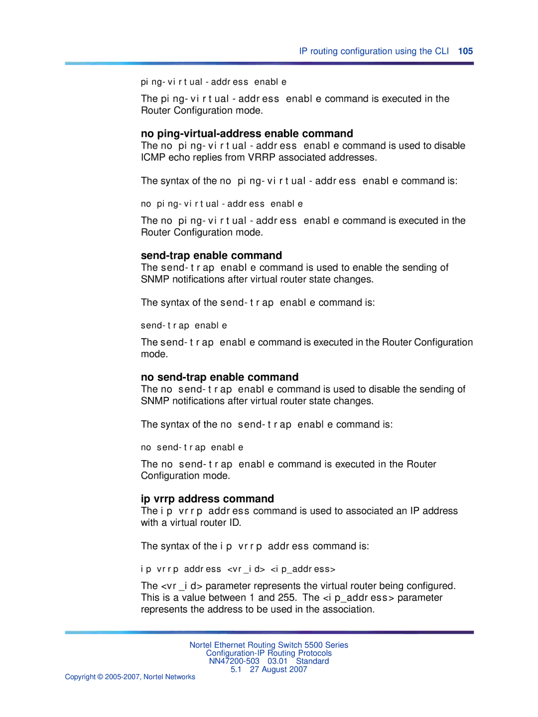 Nortel Networks NN47200-503 No ping-virtual-address enable command, Send-trap enable command, No send-trap enable command 