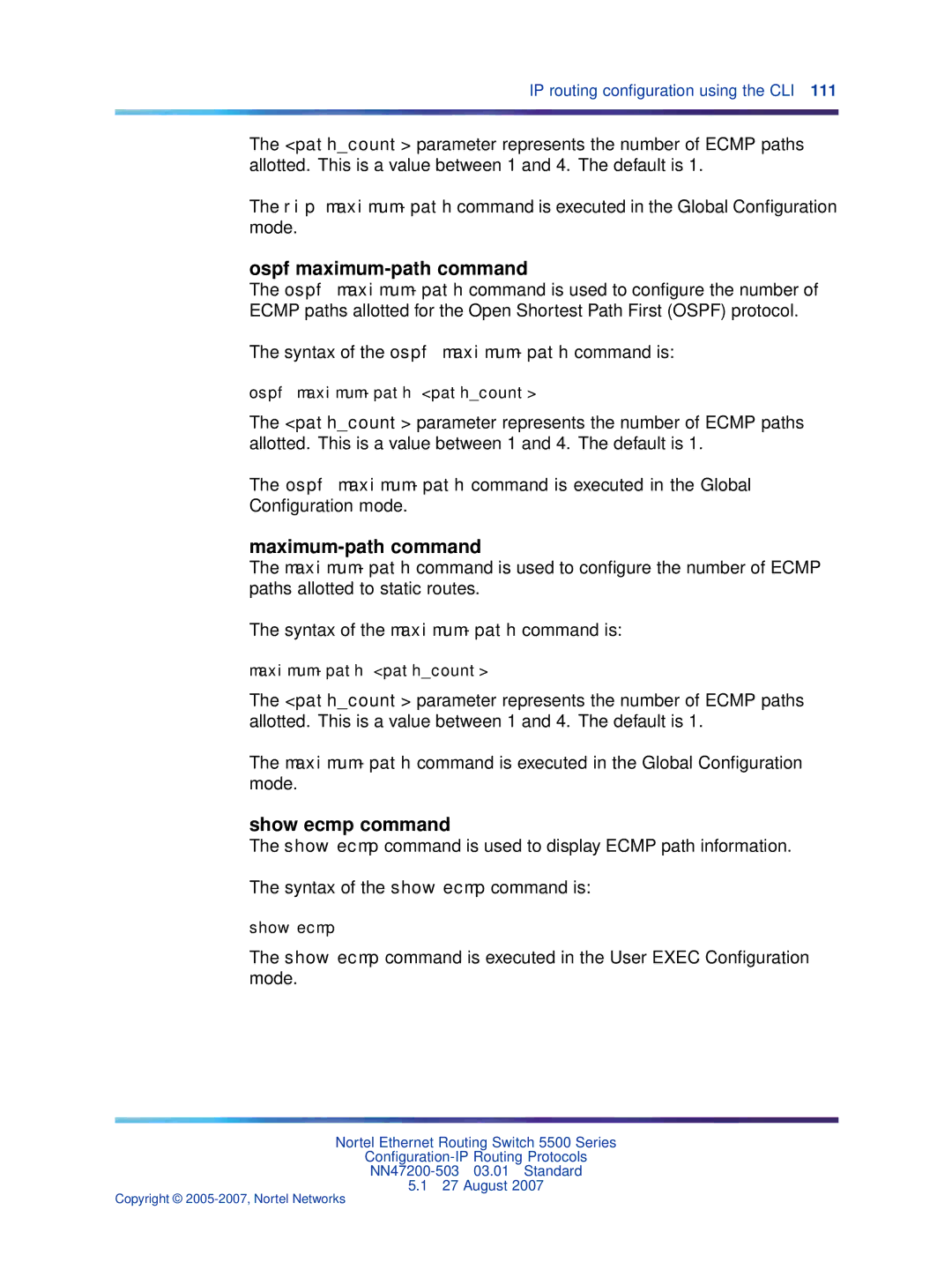 Nortel Networks NN47200-503 manual Ospf maximum-path command, Maximum-path command, Show ecmp command 