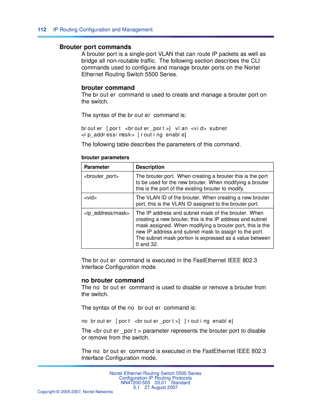 Nortel Networks NN47200-503 manual Brouter port commands, Brouter command, No brouter command 