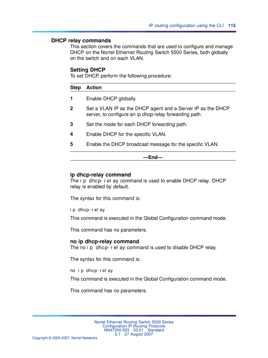 Nortel Networks NN47200-503 manual Dhcp relay commands, Ip dhcp-relay command, No ip dhcp-relay command 