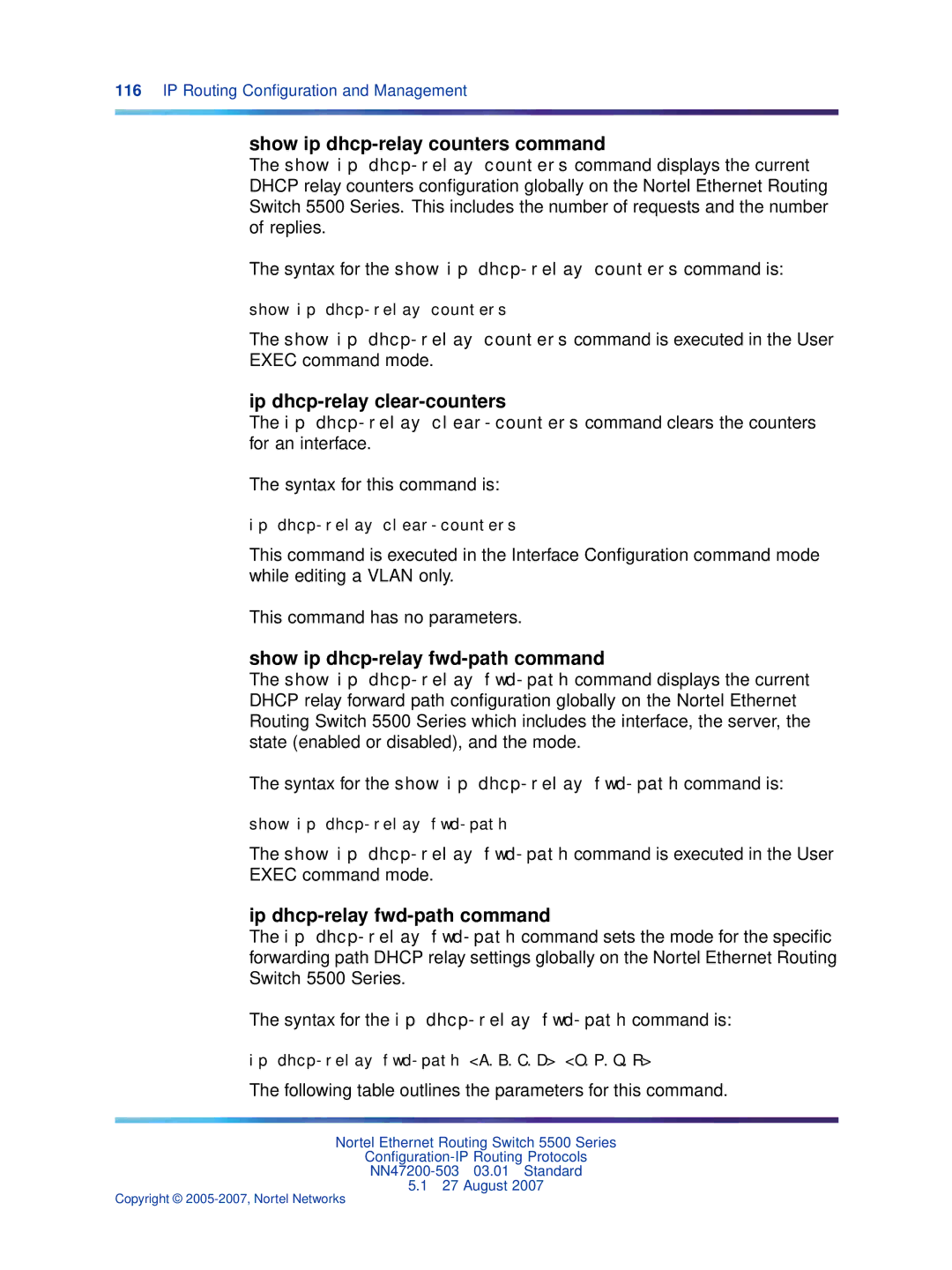 Nortel Networks NN47200-503 manual Show ip dhcp-relay counters command, Ip dhcp-relay clear-counters 