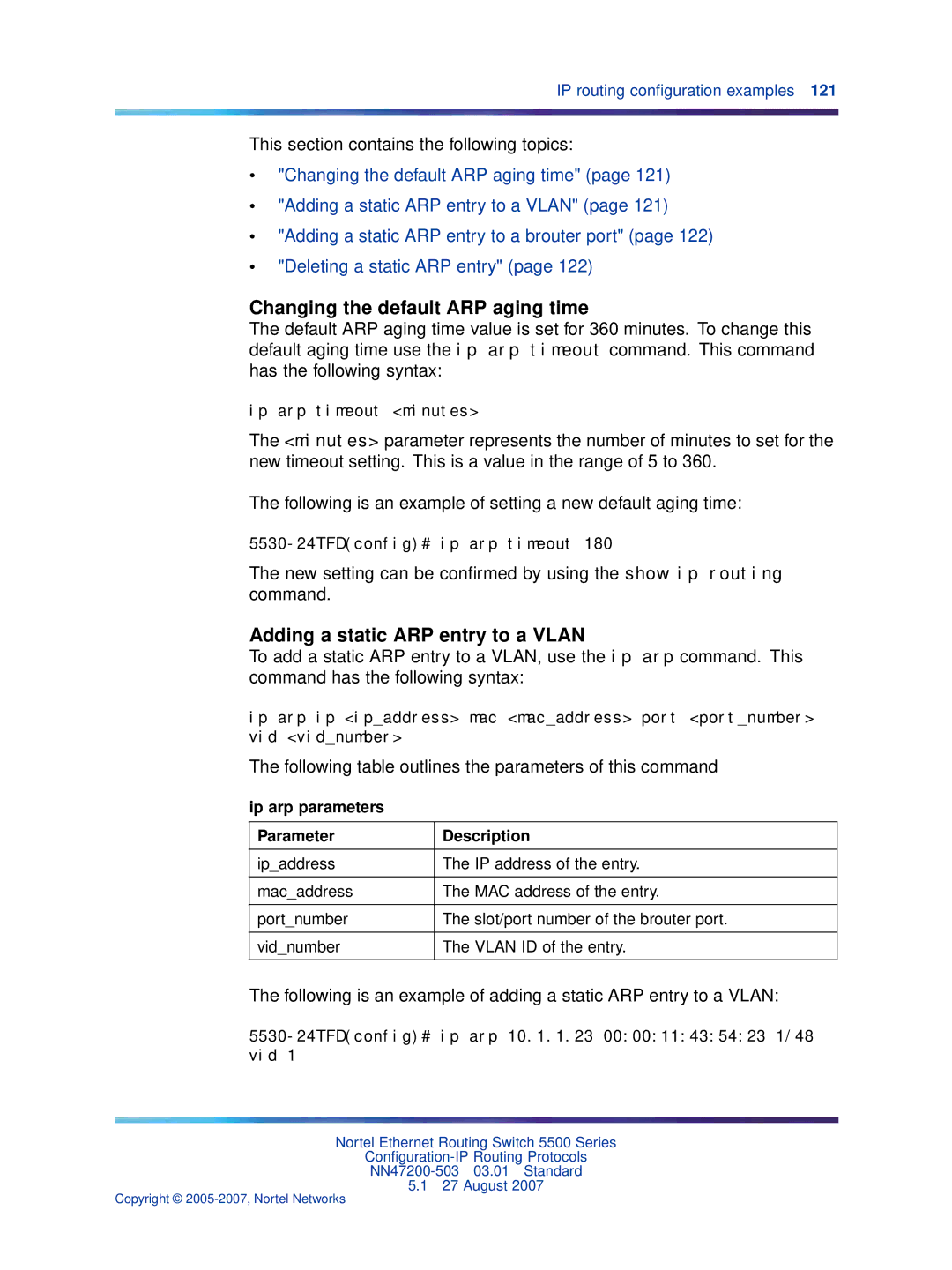 Nortel Networks NN47200-503 manual Changing the default ARP aging time, Adding a static ARP entry to a Vlan 