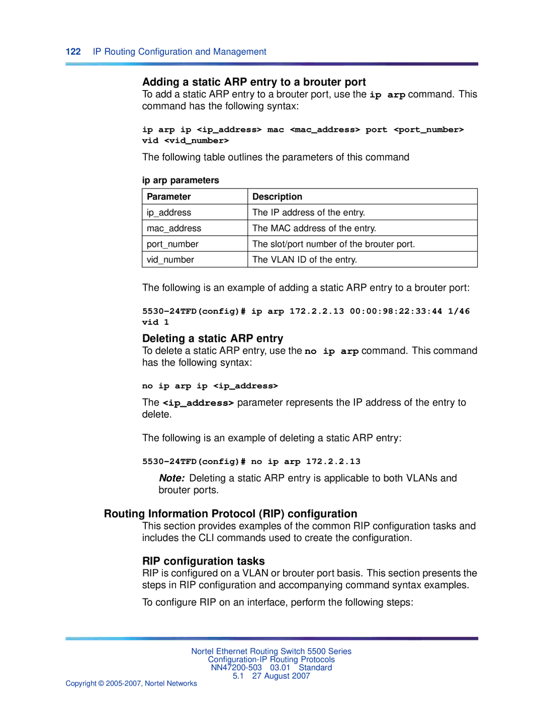 Nortel Networks NN47200-503 manual Adding a static ARP entry to a brouter port, Deleting a static ARP entry 