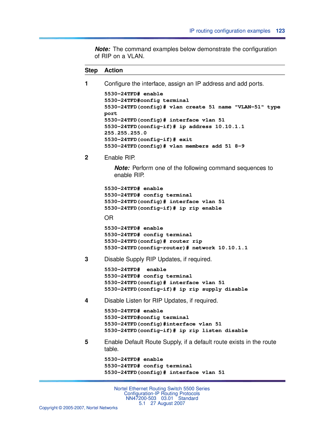 Nortel Networks NN47200-503 manual Conﬁgure the interface, assign an IP address and add ports, Enable RIP 