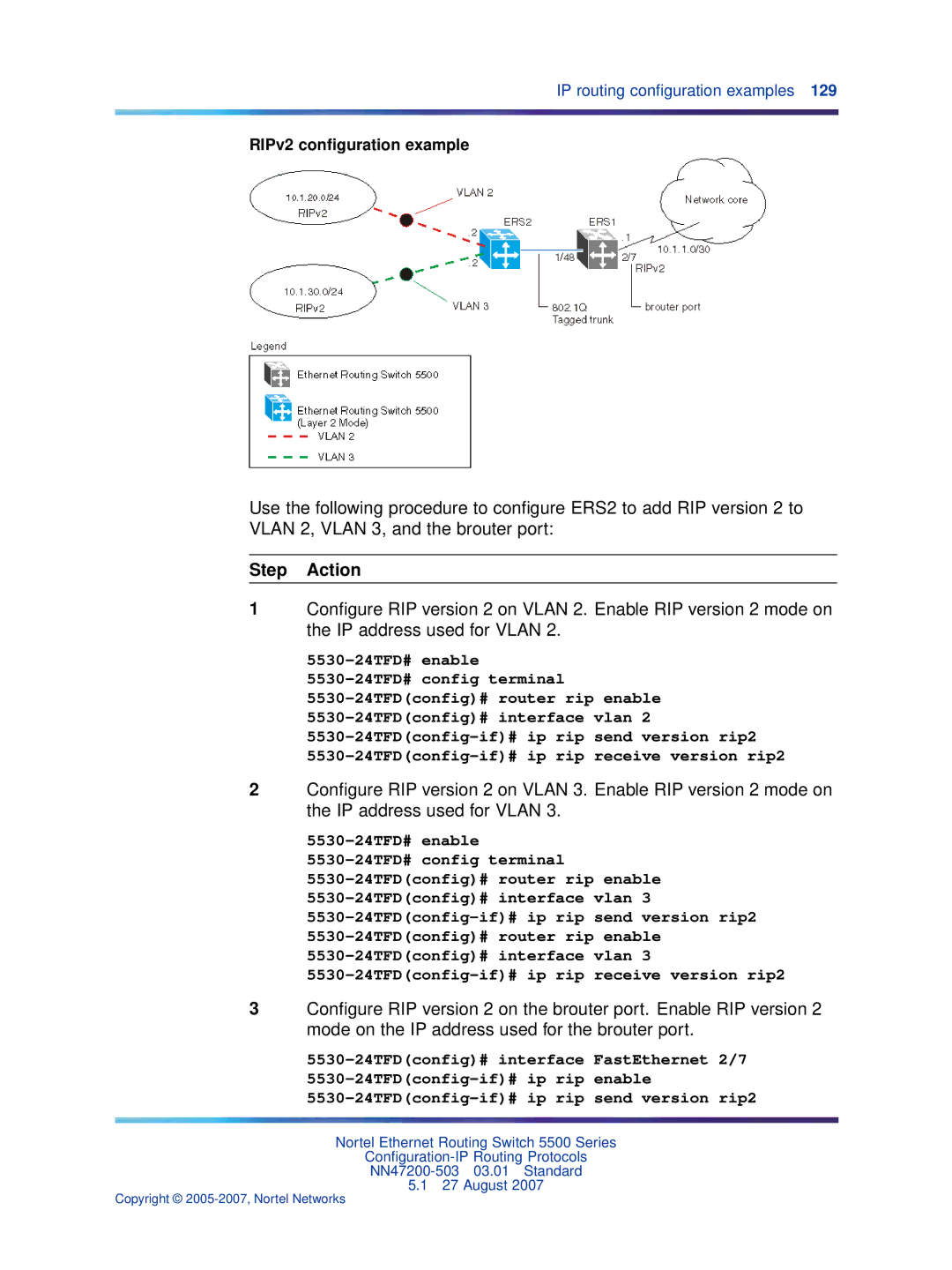 Nortel Networks NN47200-503 manual Step Action, RIPv2 conﬁguration example 