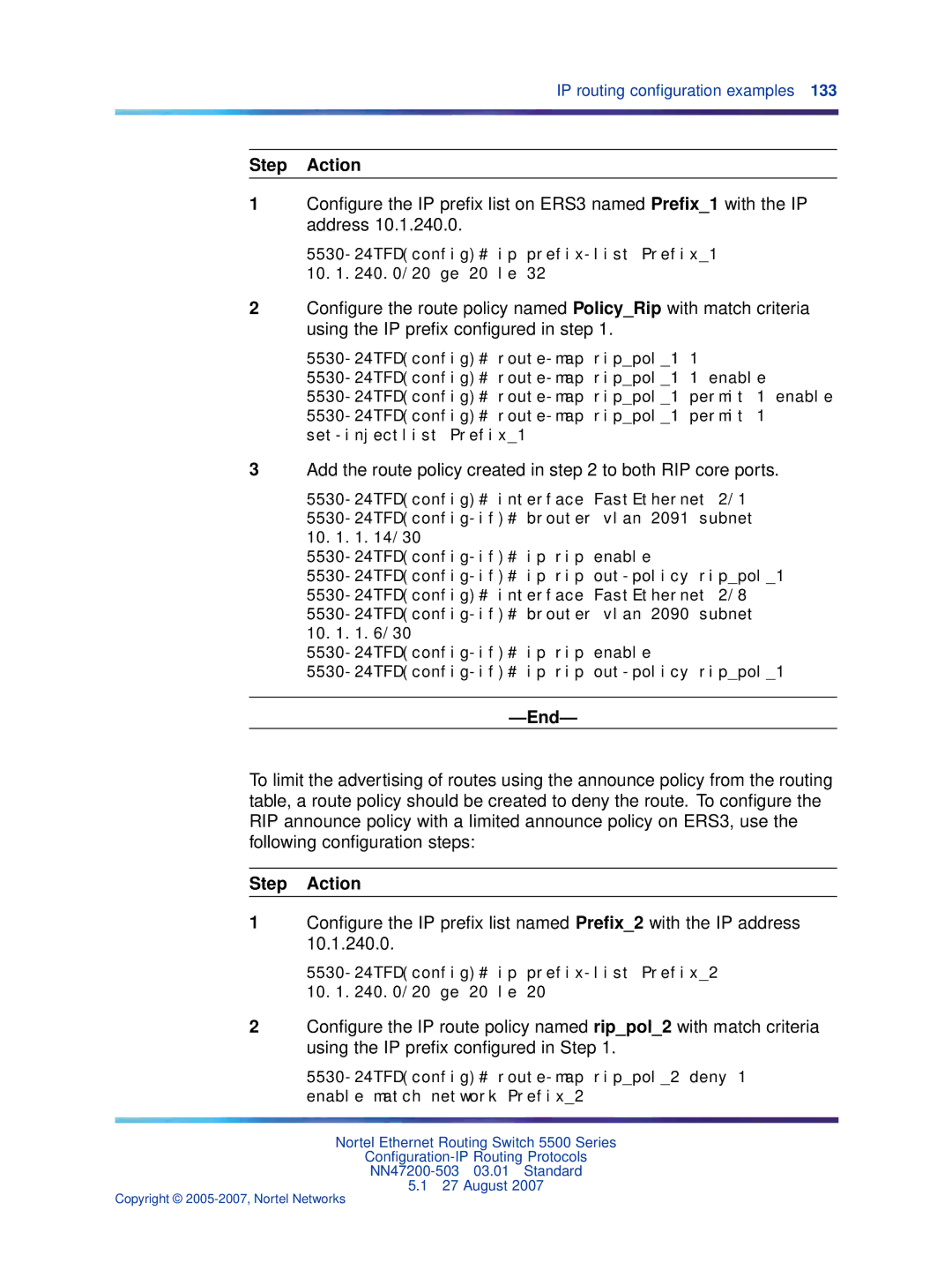 Nortel Networks NN47200-503 manual Conﬁgure the IP preﬁx list named Preﬁx2 with the IP address 