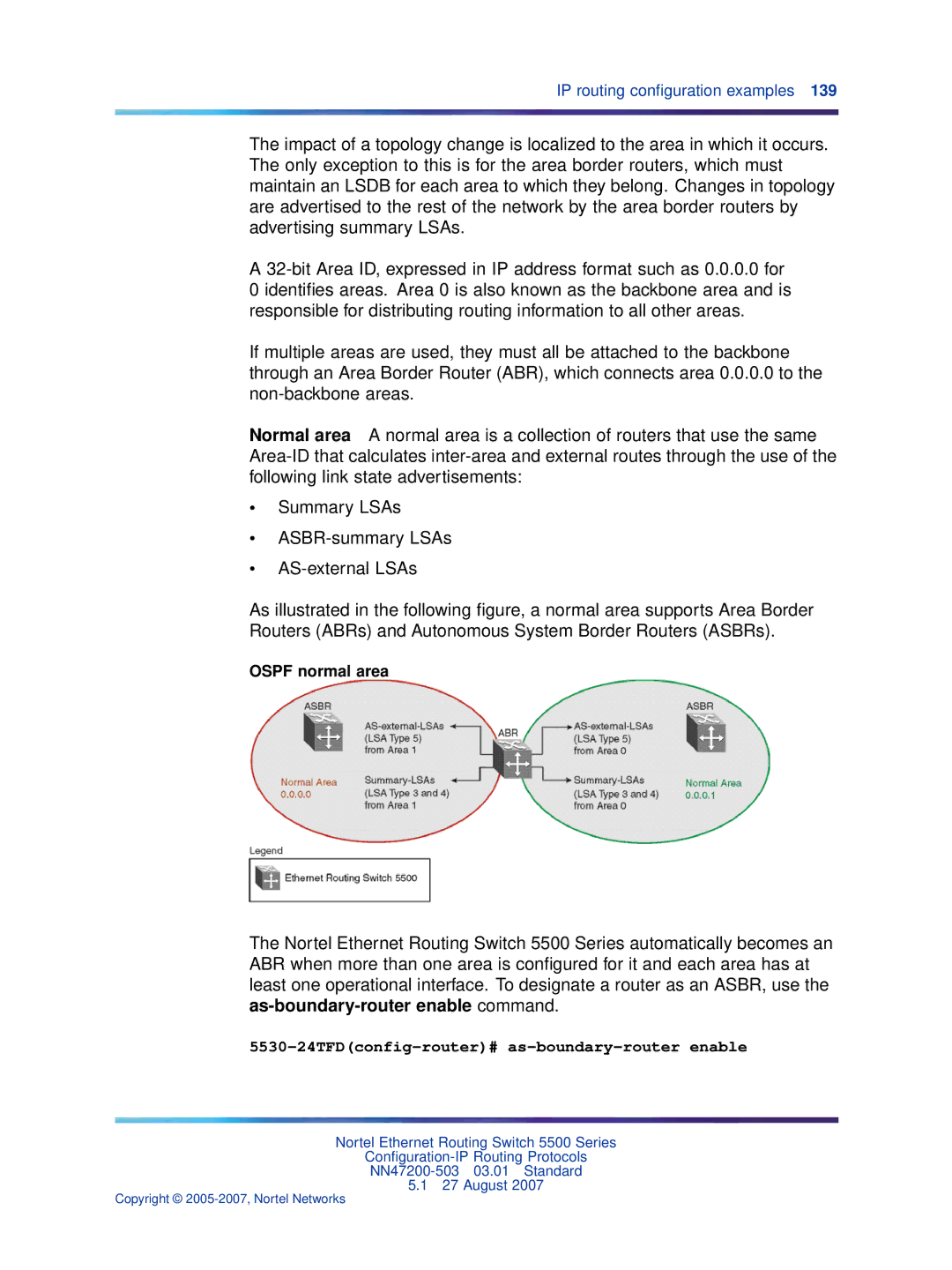 Nortel Networks NN47200-503 manual Ospf normal area, 5530-24TFDconfig-router# as-boundary-router enable 