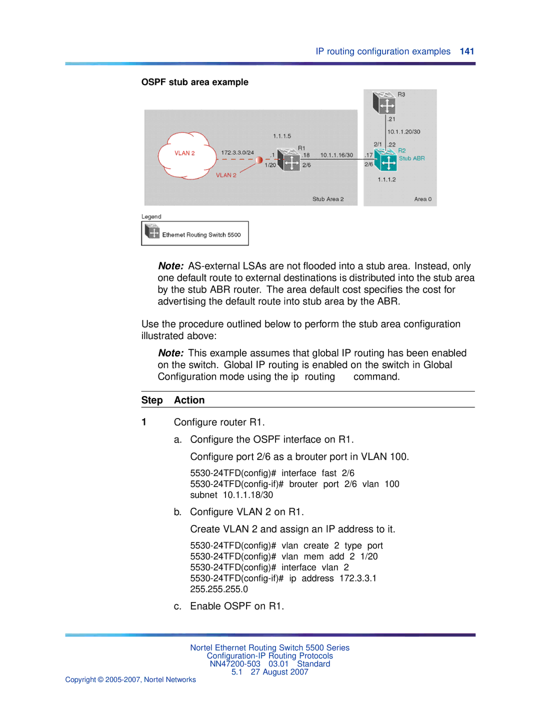 Nortel Networks NN47200-503 manual Enable Ospf on R1, Ospf stub area example 