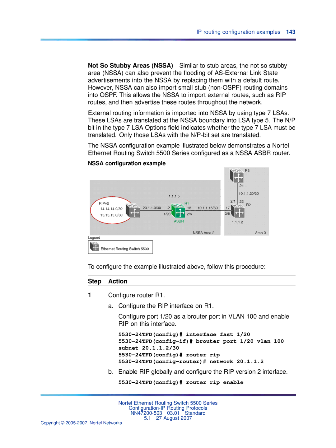 Nortel Networks NN47200-503 manual Enable RIP globally and conﬁgure the RIP version 2 interface, Nssa conﬁguration example 