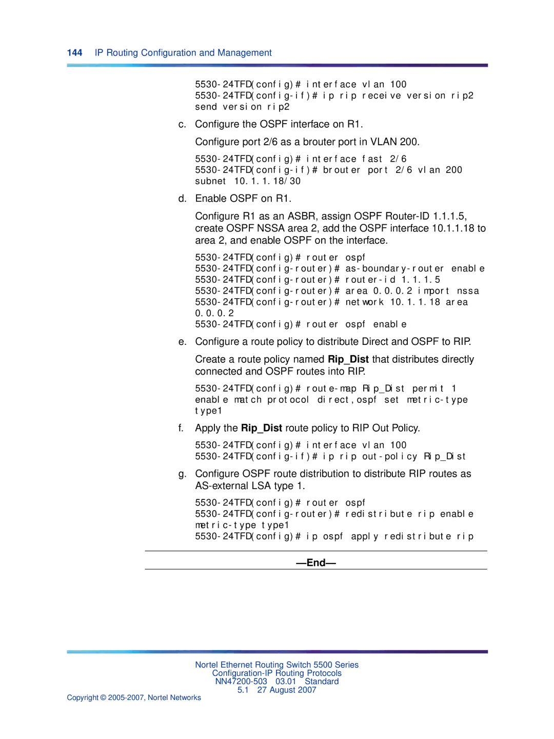 Nortel Networks NN47200-503 manual Apply the RipDist route policy to RIP Out Policy 