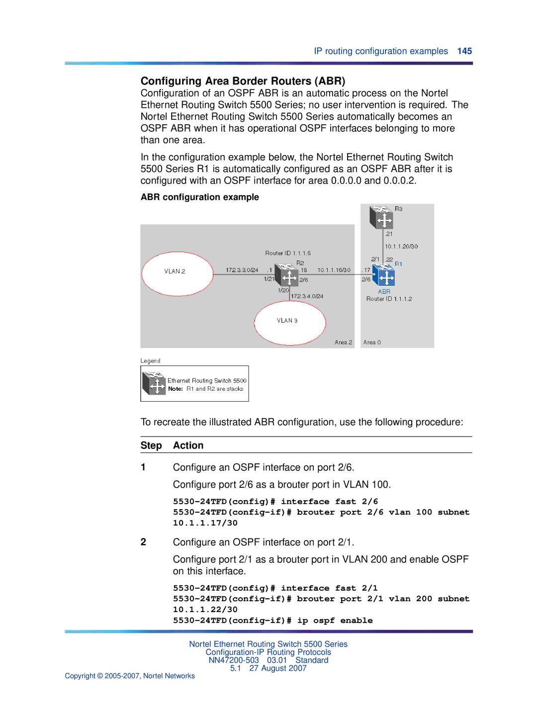 Nortel Networks NN47200-503 manual Conﬁguring Area Border Routers ABR, ABR conﬁguration example 