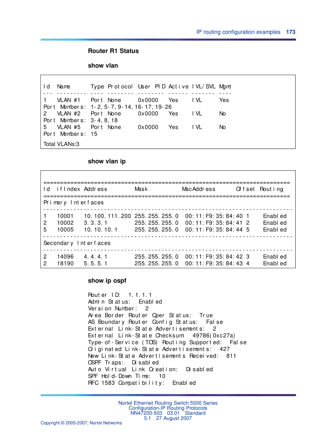 Nortel Networks NN47200-503 manual Router R1 Status show vlan, Show vlan ip, Show ip ospf 