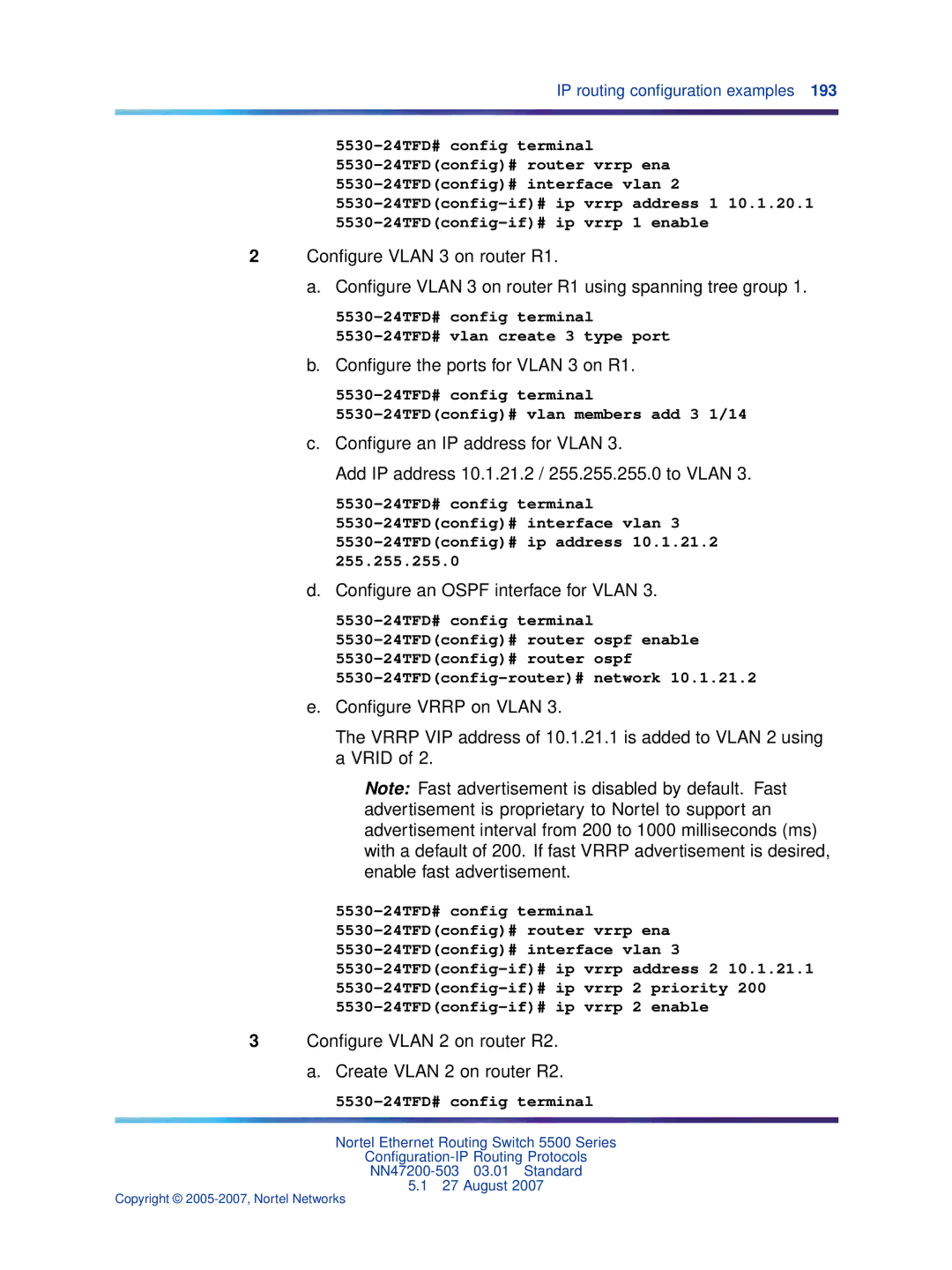 Nortel Networks NN47200-503 Conﬁgure the ports for Vlan 3 on R1, Conﬁgure Vlan 2 on router R2 Create Vlan 2 on router R2 