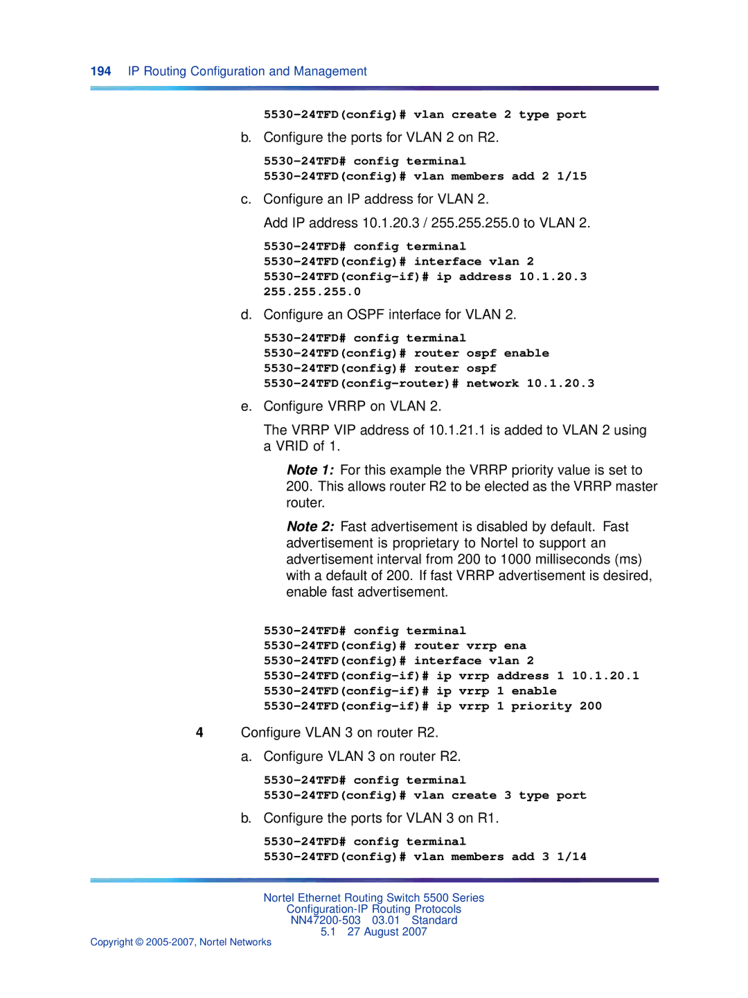 Nortel Networks NN47200-503 manual Conﬁgure the ports for Vlan 2 on R2, Conﬁgure Vlan 3 on router R2 