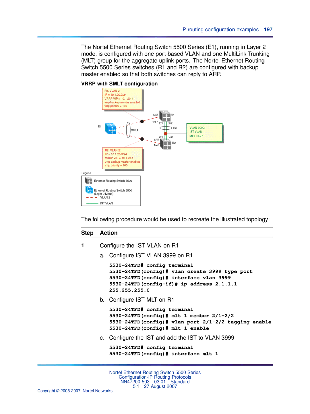 Nortel Networks NN47200-503 manual Conﬁgure the IST Vlan on R1 Conﬁgure IST Vlan 3999 on R1, Conﬁgure IST MLT on R1 