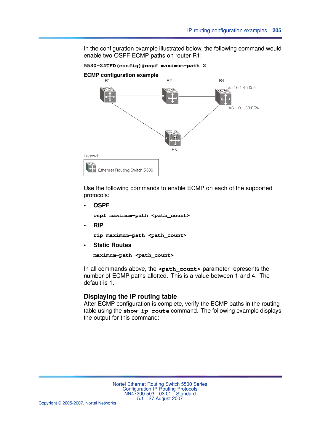 Nortel Networks NN47200-503 Displaying the IP routing table, 5530-24TFDconfig#ospf maximum-path, Ecmp conﬁguration example 