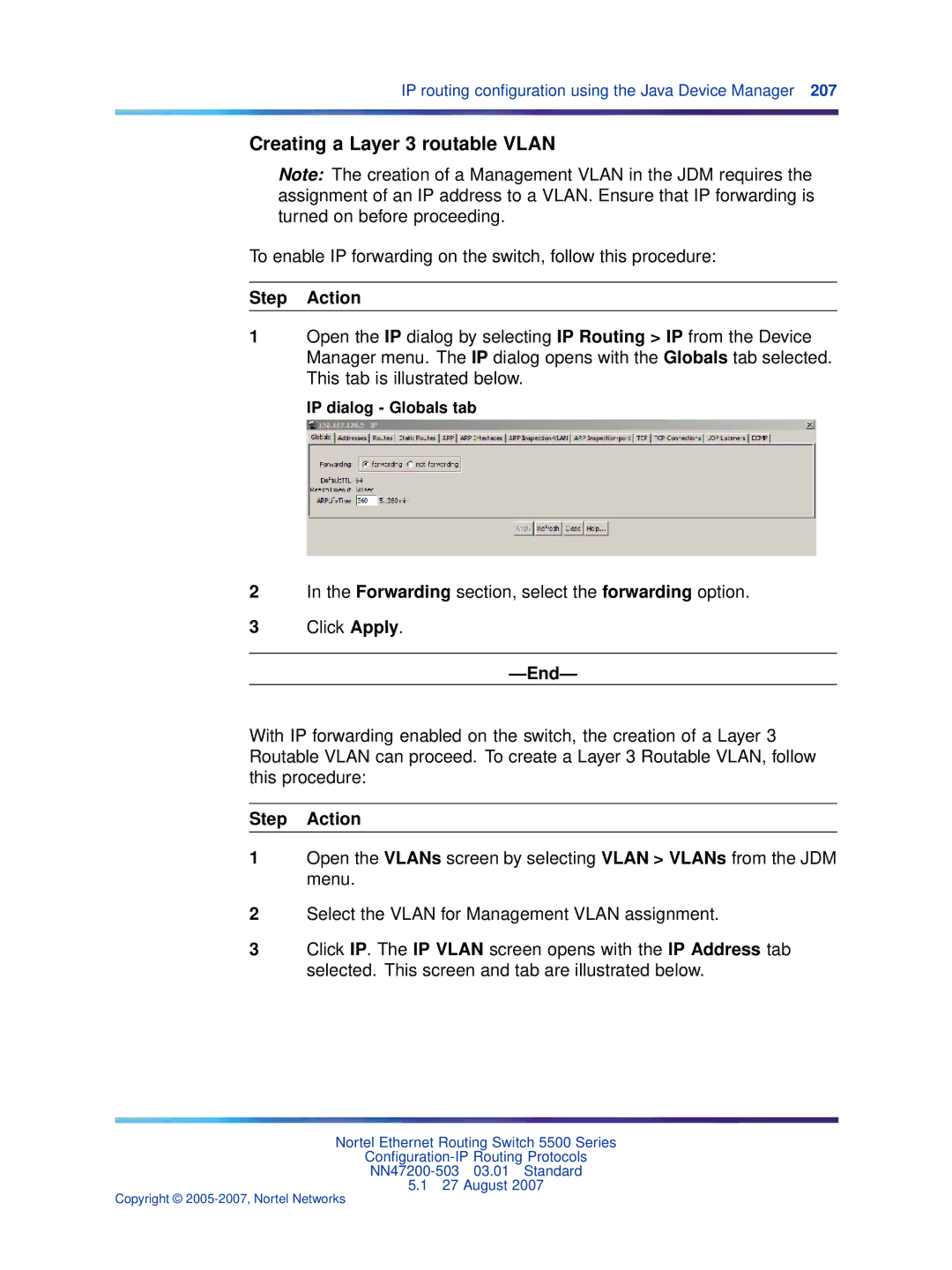 Nortel Networks NN47200-503 manual Creating a Layer 3 routable Vlan, IP dialog Globals tab 