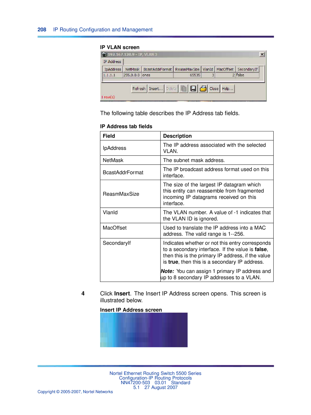 Nortel Networks NN47200-503 Following table describes the IP Address tab ﬁelds, IP Vlan screen, Insert IP Address screen 