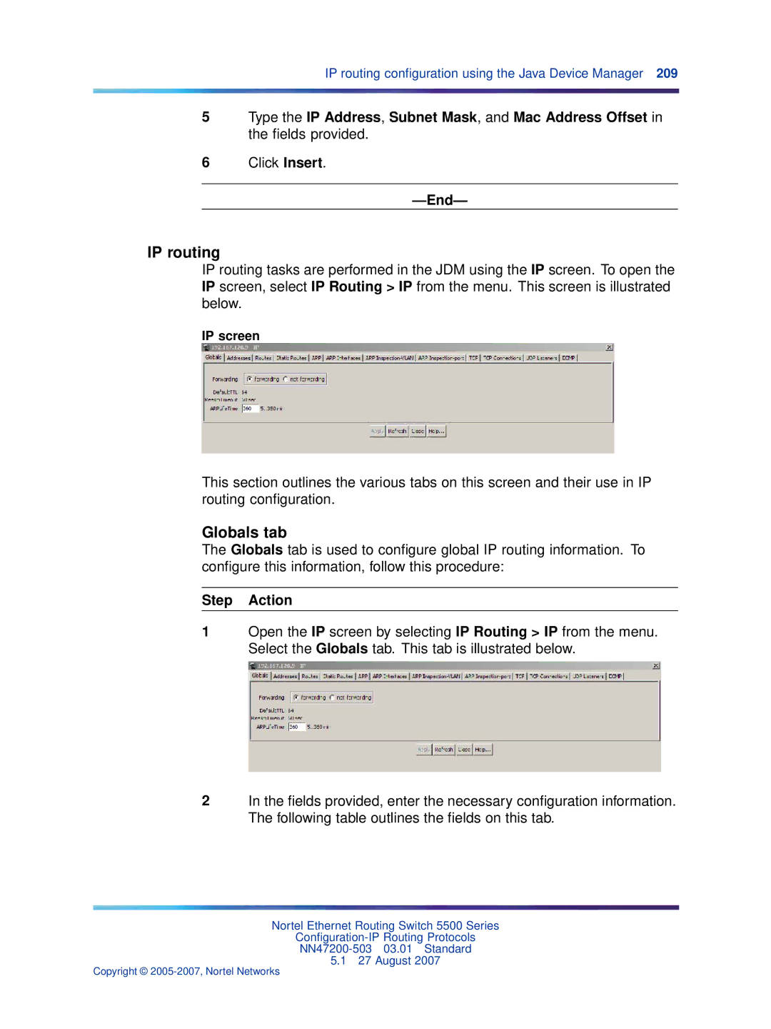 Nortel Networks NN47200-503 manual IP routing, Globals tab, Click Insert, IP screen 